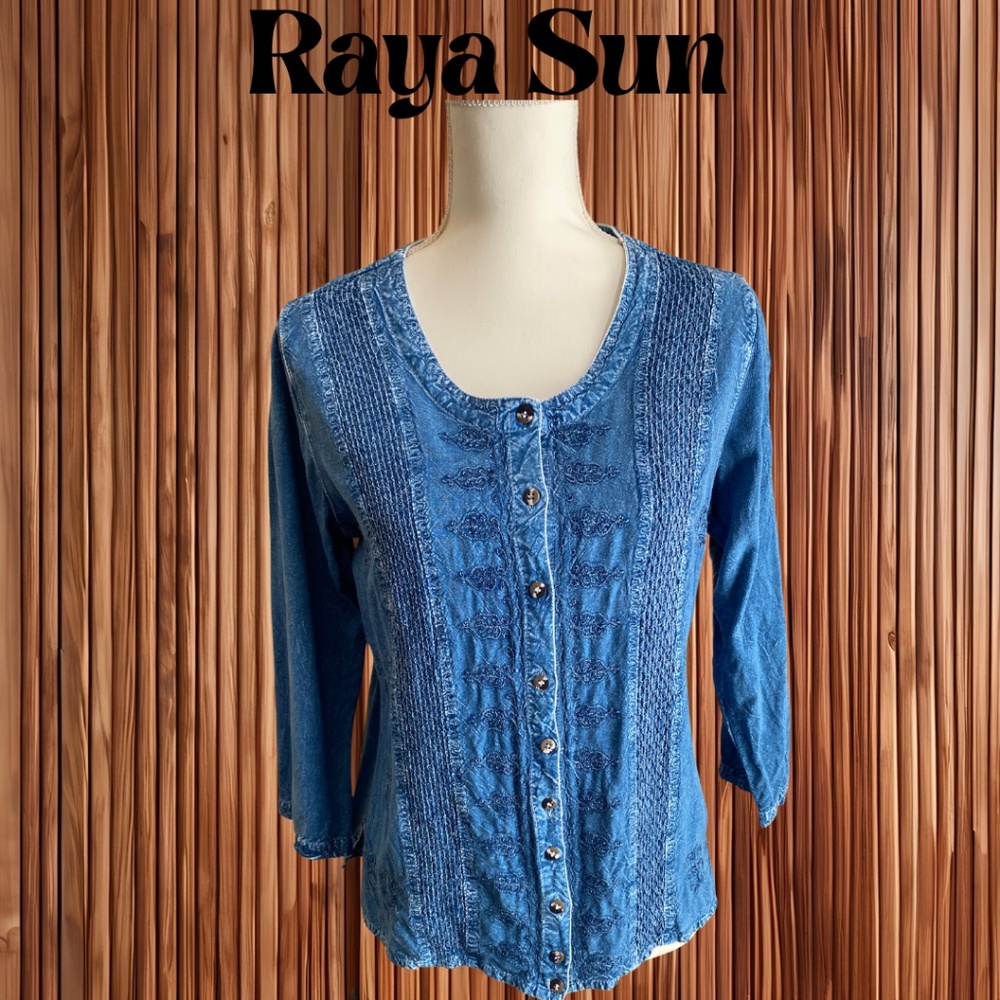 Vintage Raya Sun Embroidered Boho Button Blouse